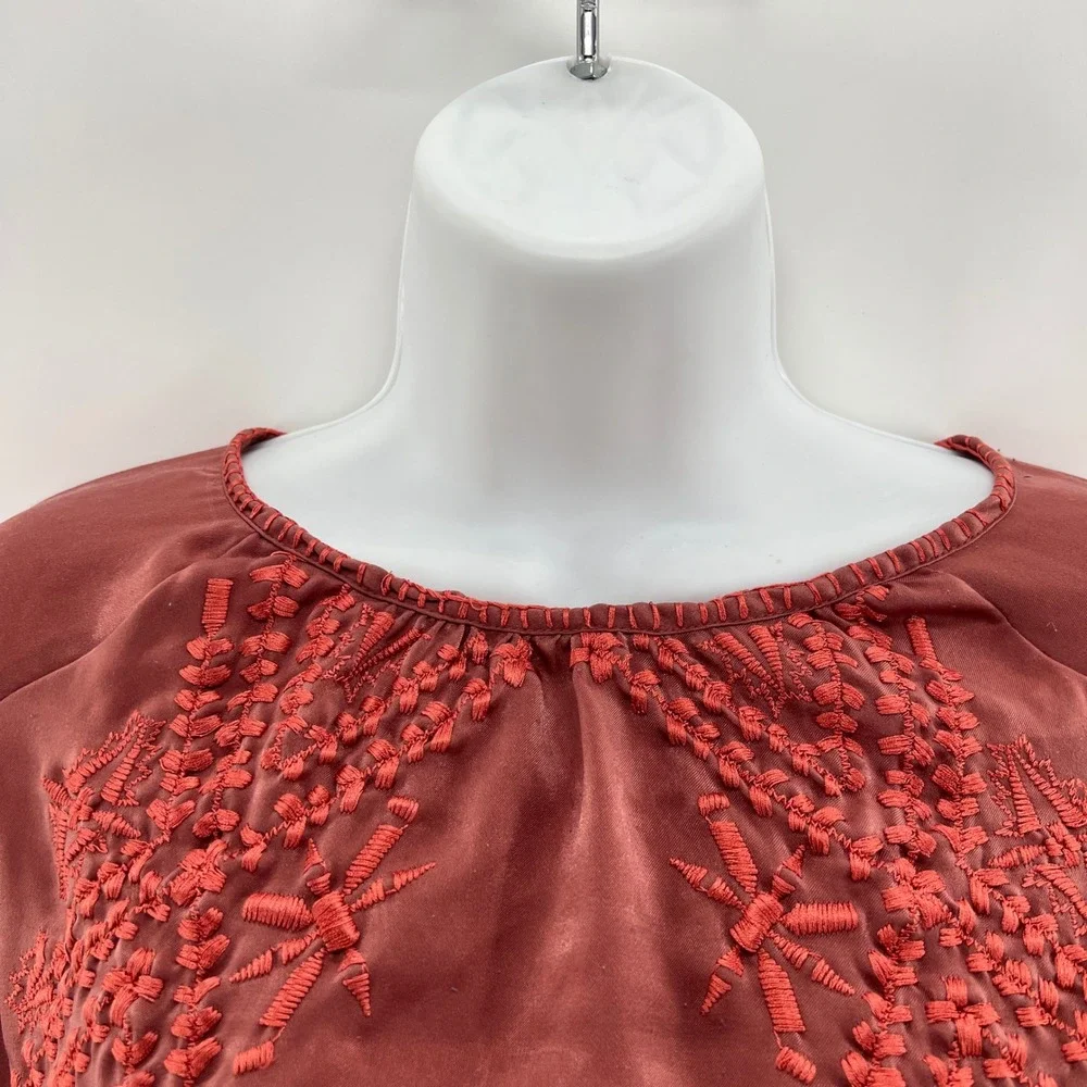 Free People Embroidered Top Womens Sz S Boho Satin Balloon Sleeve Festival